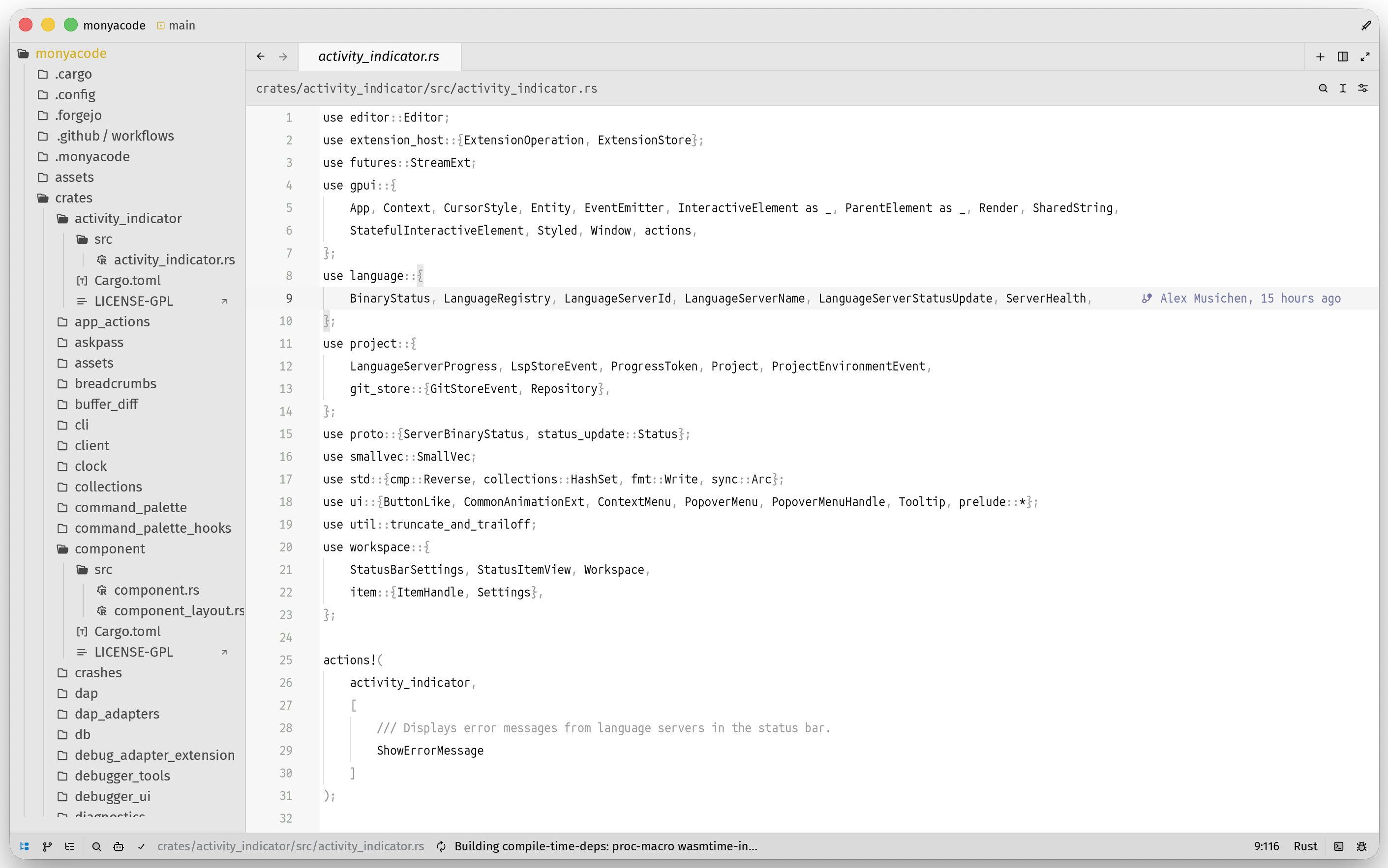 MonyaCode editor showing a Rust source file